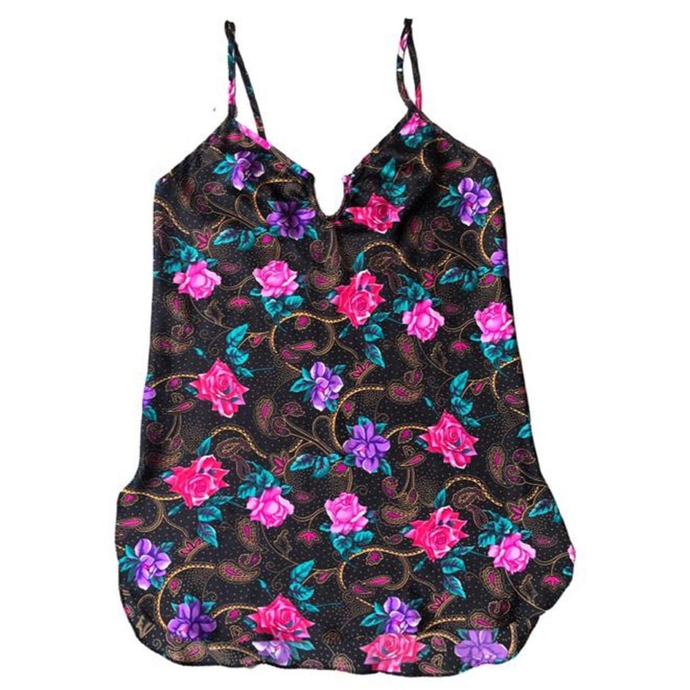 Fredericks Of Hollywood Vintage Black Floral Paisley Print Satin Chemise…